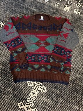 Vintage Wool Men's Brown Patterned Crewneck Sweater